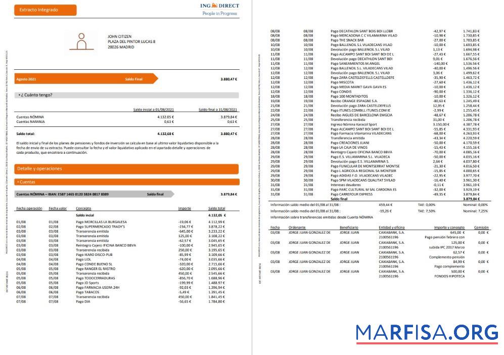 Printable Spain ING Direct bank statement word download for verification